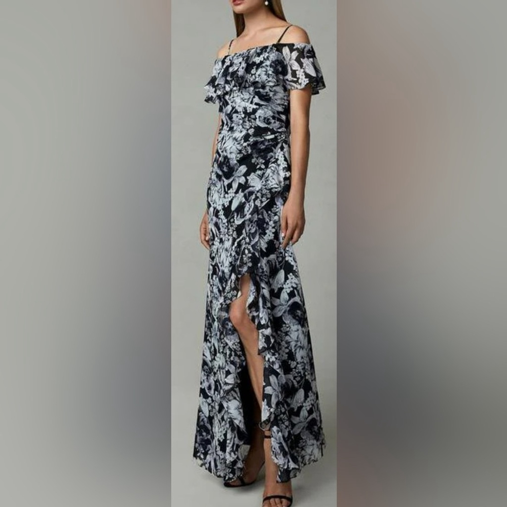 Cachet Maxi Floral Ruffled Slit Dress off shoulder black ivory garden party 6